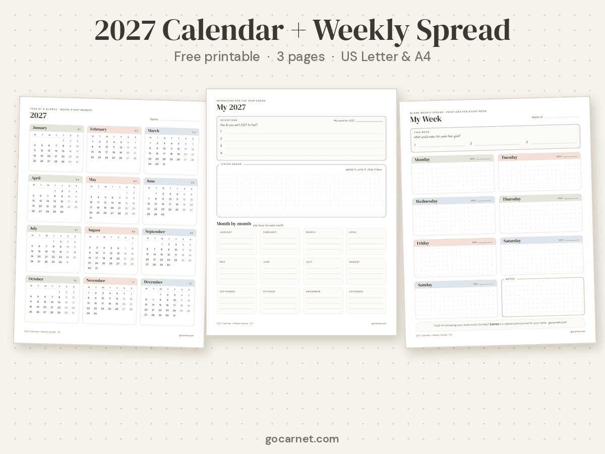 Preview of the 2027 calendar and weekly spread printable