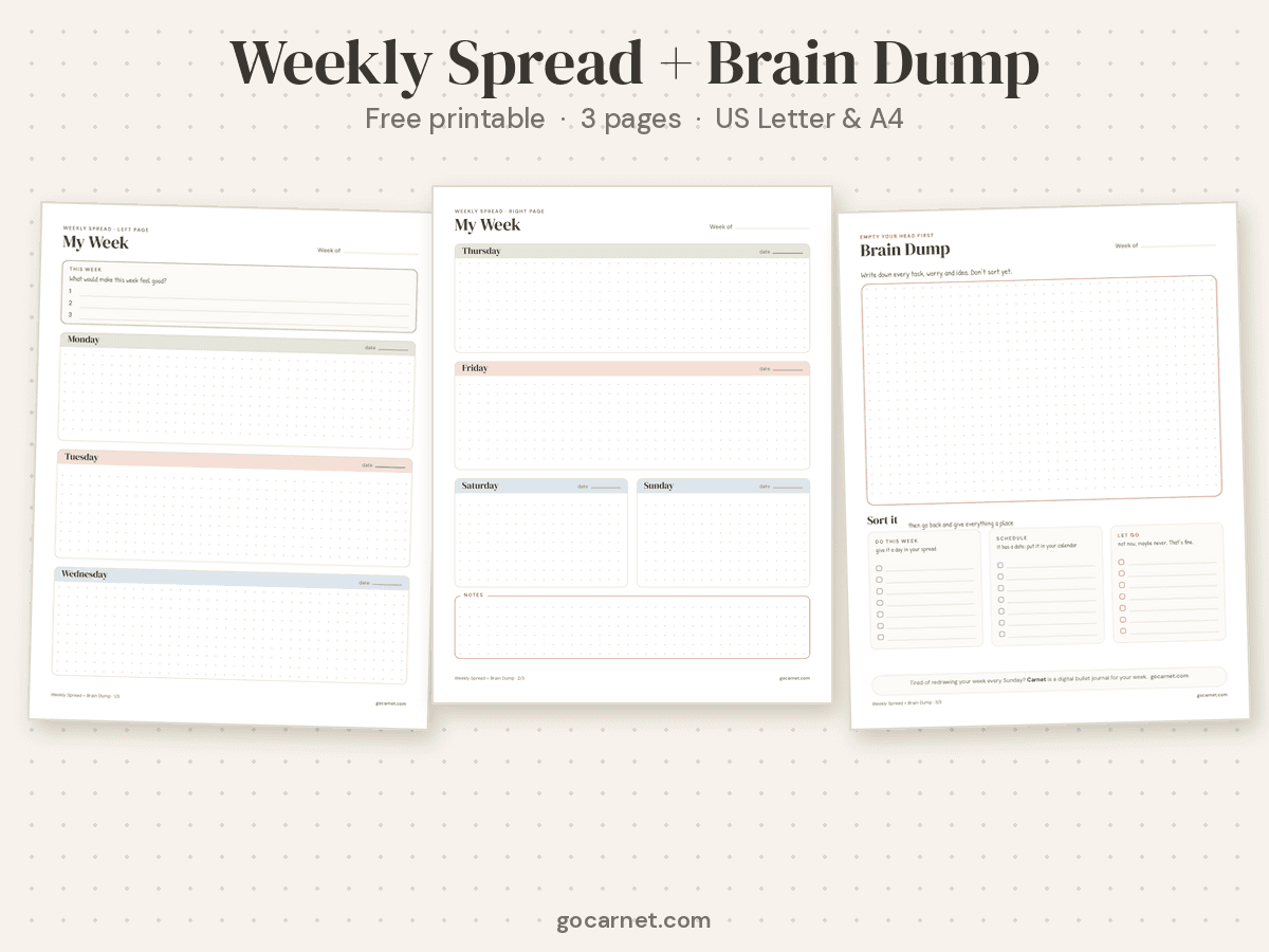 Preview of the weekly spread and brain dump printable